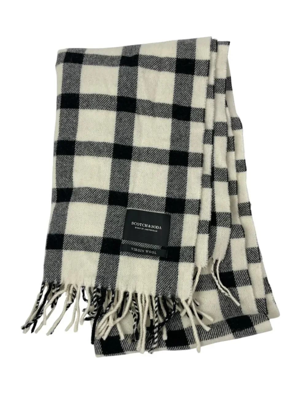 Scotch & Soda Wool Black White Plaid Check Fringe Snow Shawl Wrap Neck Scarf OS